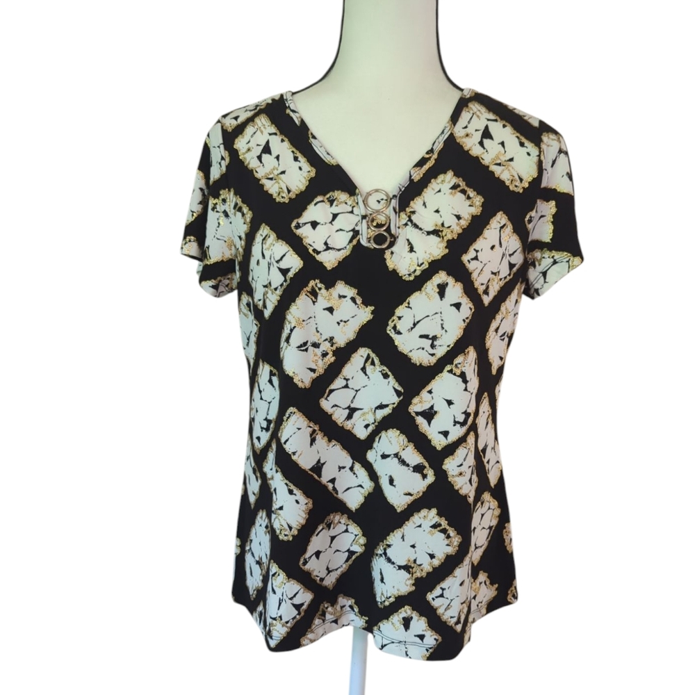 By Design Embellished Glitter Circular Triple Ring Short Sleeve Top M Black Gold